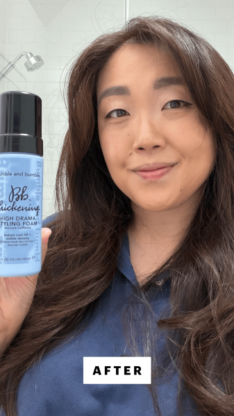 Lee after applying the Bumble  Bumble Thickening High Drama Styling Foam